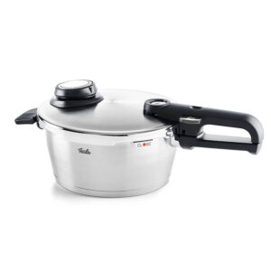 Side view of a pressure cooker.