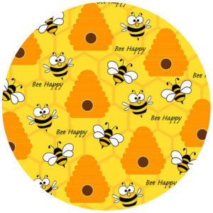 Round Trivet/Pot Holder that is yellow and orange with a lot of bees on it.